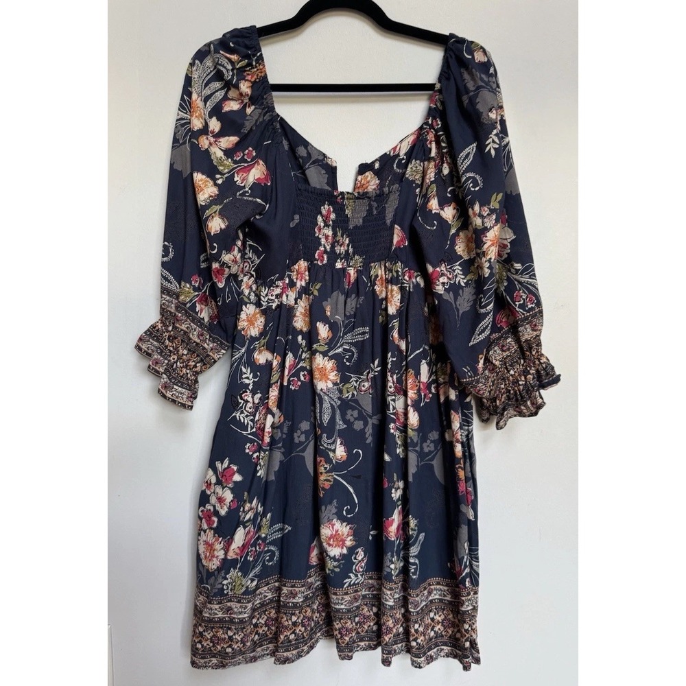 Boho Floral Babydoll Mini Dress L Navy Cottagecore Spring Festival Fairy - Picture 5 of 16